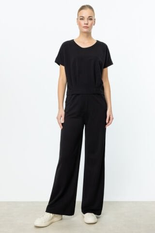 On Beli Lastikli Bol Paça Pantolon ve Beli Pileli Bluz Takım