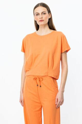 On Sıfır Yaka Beli Pileli Bluz ve Beli Lastikli Bol Paça Pantolon Takım ORANJ - S