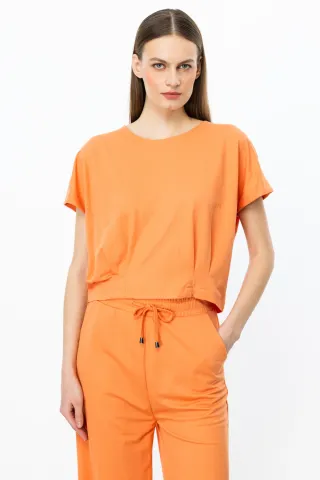 On Sıfır Yaka Beli Pileli Bluz ve Beli Lastikli Bol Paça Pantolon Takım ORANJ - L