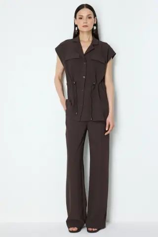 On Yüksek Bel Bol Paça Pantolon Kahve