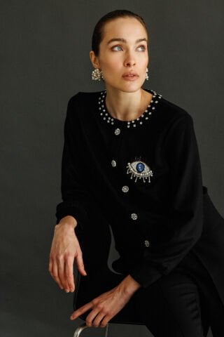 On Göz Desenli Yakası Taş Detaylı Hırka Siyah