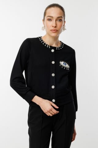 On Göz Desenli Yakası Taş Detaylı Hırka Siyah