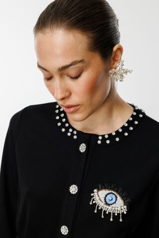 On Göz Desenli Yakası Taş Detaylı Hırka Siyah