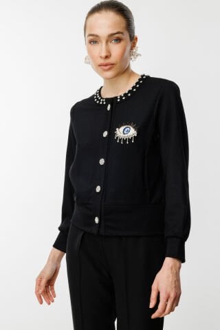 On Göz Desenli Yakası Taş Detaylı Hırka Siyah