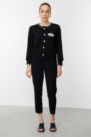 On Göz Desenli Yakası Taş Detaylı Hırka Siyah