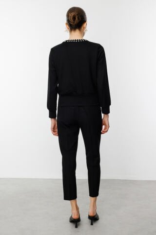 On Göz Desenli Yakası Taş Detaylı Hırka Siyah