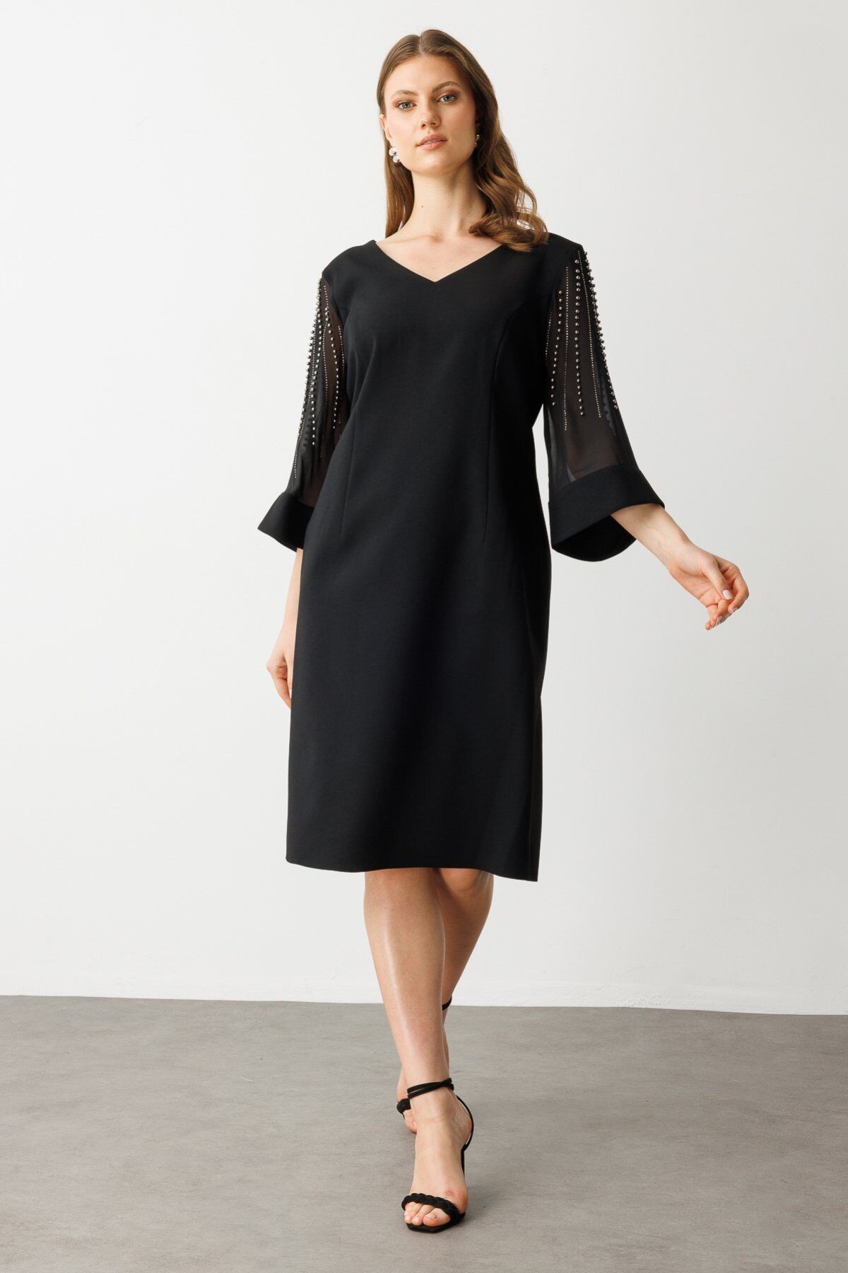 Ekol Kolları Tül Boncuklu Midi Elbise Siyah