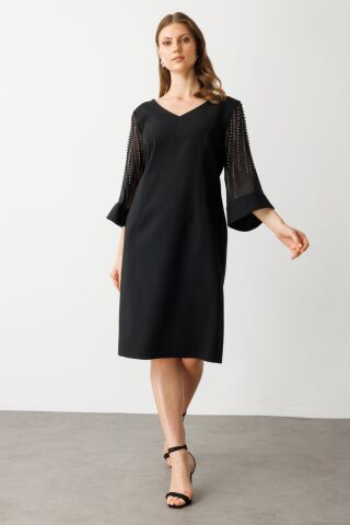 Ekol Kolları Tül Boncuklu Midi Elbise Siyah
