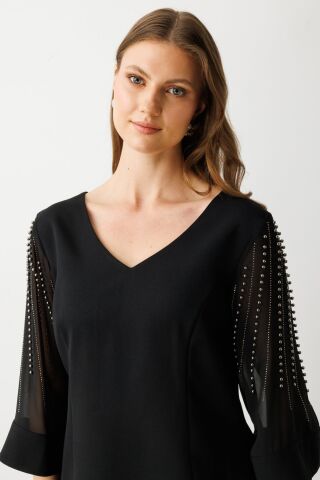 Ekol Kolları Tül Boncuklu Midi Elbise Siyah