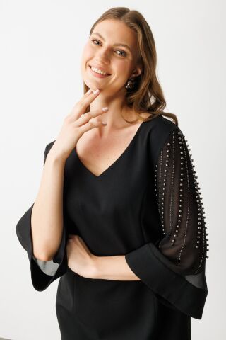 Ekol Kolları Tül Boncuklu Midi Elbise Siyah