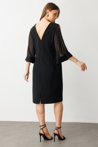 Ekol Kolları Tül Boncuklu Midi Elbise Siyah