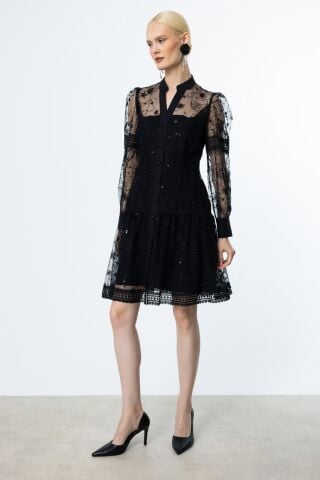 Ekol Dantel Detaylı Tül Elbise Siyah