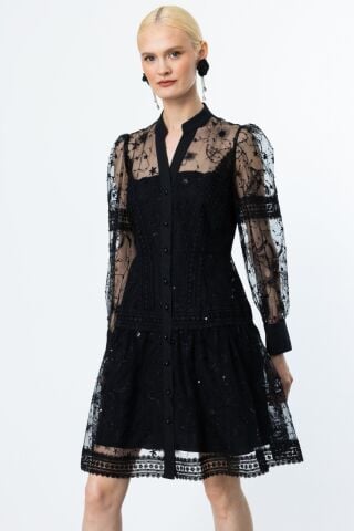 Ekol Dantel Detaylı Tül Elbise Siyah