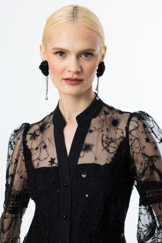 Ekol Dantel Detaylı Tül Elbise Siyah