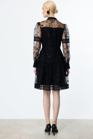 Ekol Dantel Detaylı Tül Elbise Siyah