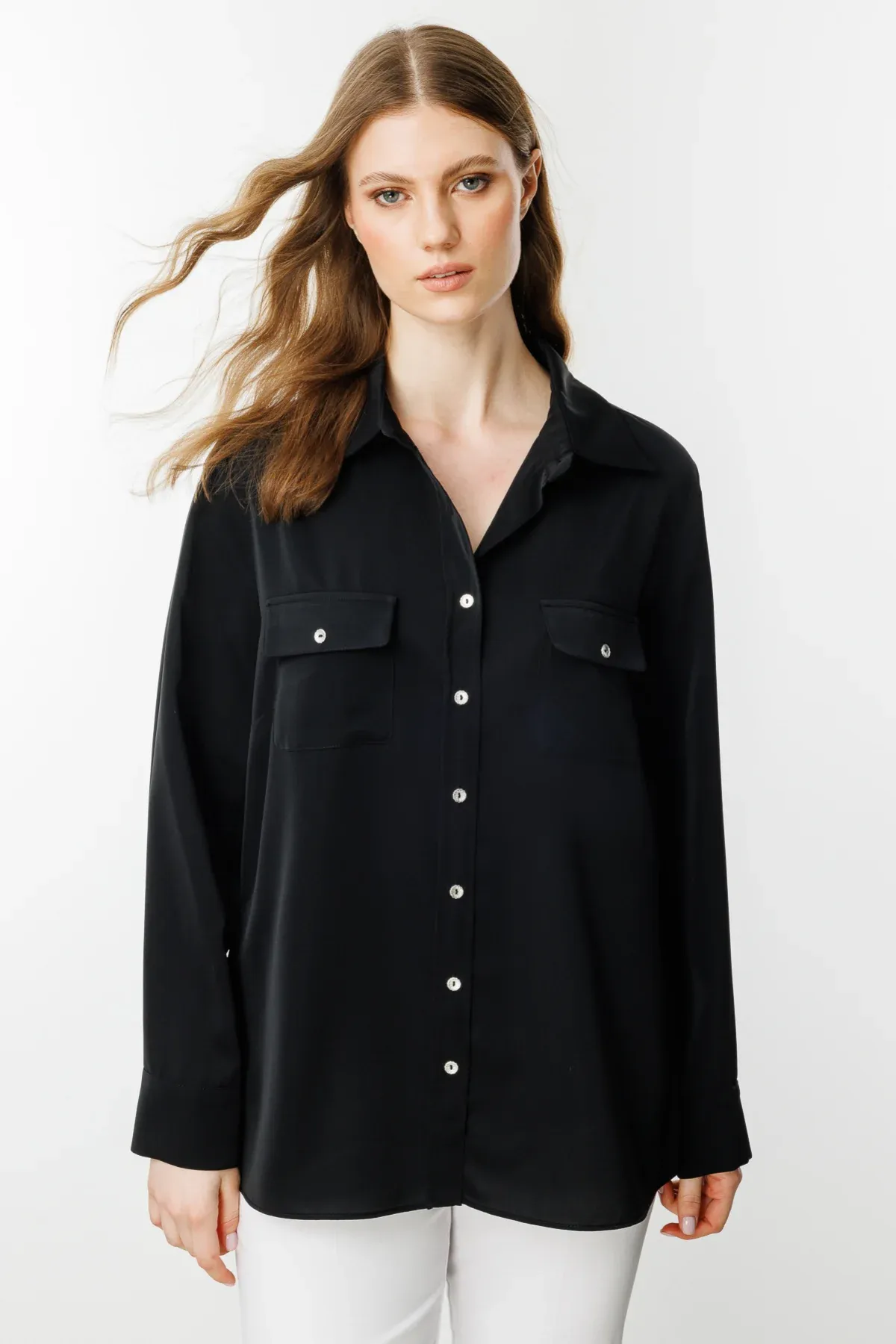 Ekol Kapak Cepli Düğmeli Gömlek Siyah