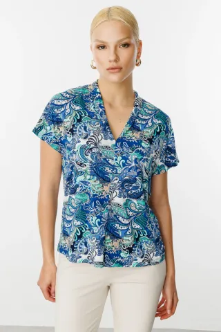 Ekol Desenli V Yaka Bluz Mavi