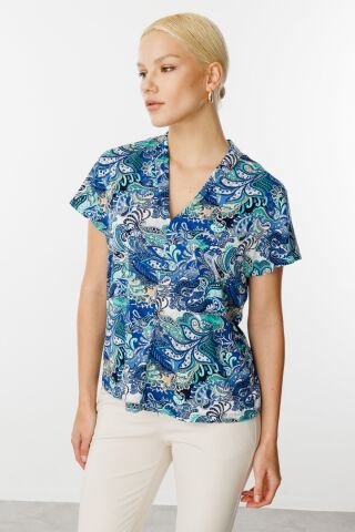 Ekol Desenli V Yaka Bluz Mavi