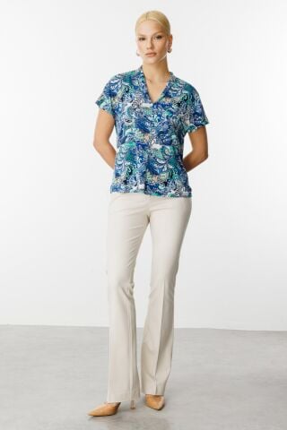 Ekol Desenli V Yaka Bluz Mavi