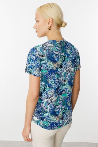 Ekol Desenli V Yaka Bluz Mavi