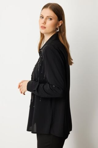 Ekol Önü Taşlı Boncuklu Büyük Beden Bluz Siyah