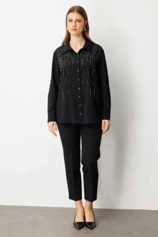 Ekol Önü Taşlı Boncuklu Büyük Beden Bluz Siyah