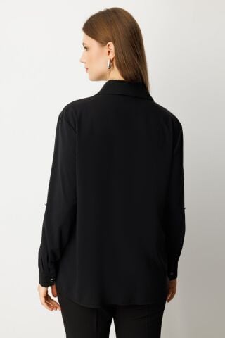 Ekol Önü Taşlı Boncuklu Büyük Beden Bluz Siyah