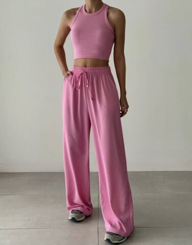 Beli Lastikli Bol Paça Pantolon Pembe