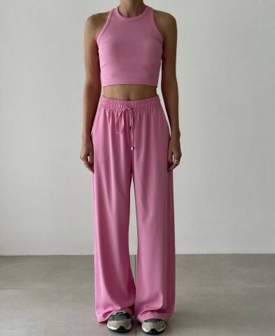 Beli Lastikli Bol Paça Pantolon Pembe
