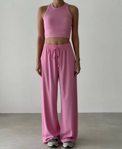 Beli Lastikli Bol Paça Pantolon Pembe