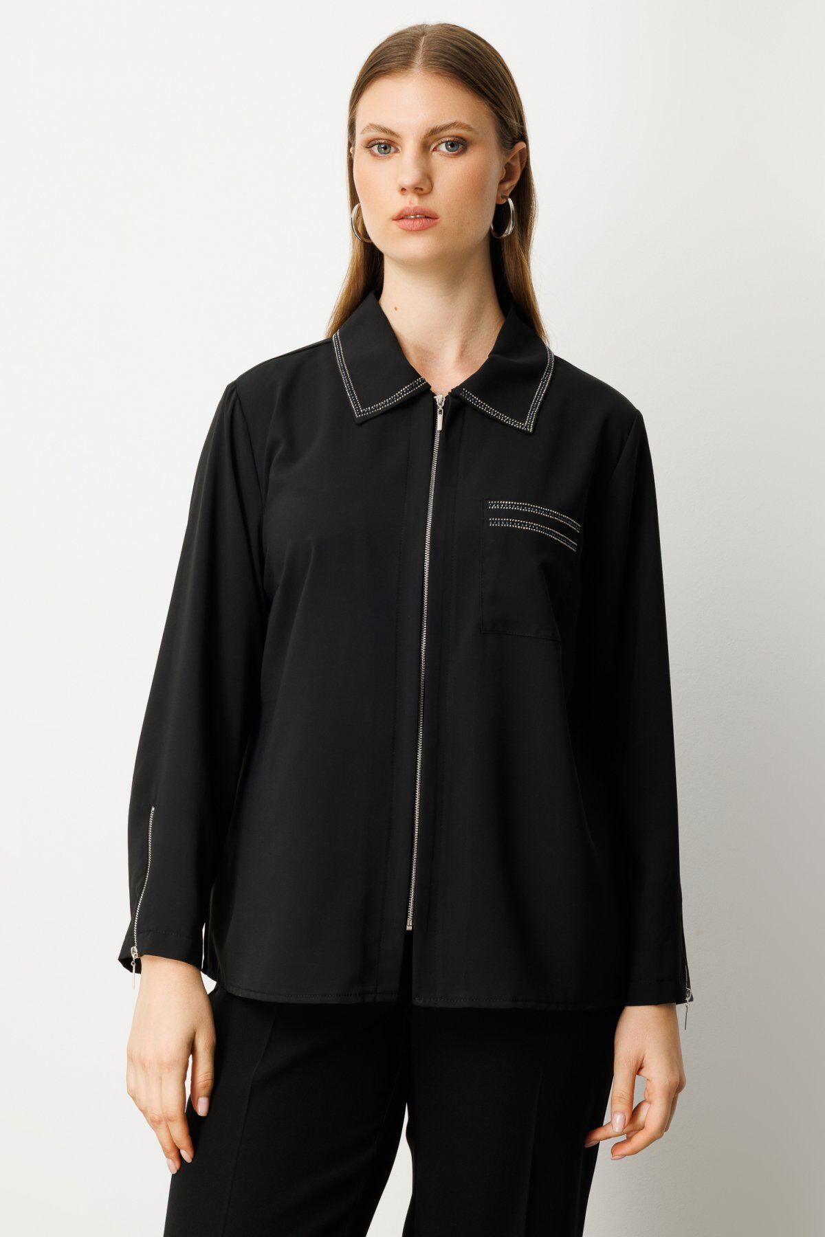 Ekol Fermuarlı Taş İşlemeli Bluz Siyah