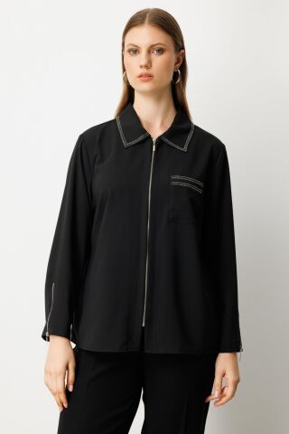 Ekol Fermuarlı Taş İşlemeli Bluz Siyah