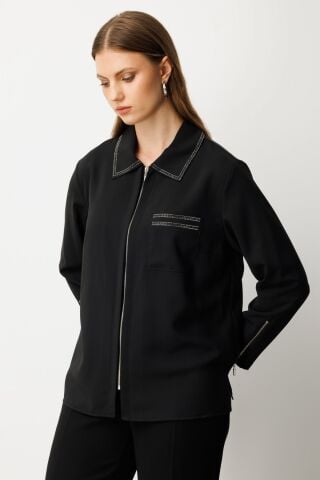 Ekol Fermuarlı Taş İşlemeli Bluz Siyah