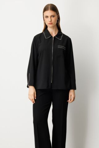 Ekol Fermuarlı Taş İşlemeli Bluz Siyah