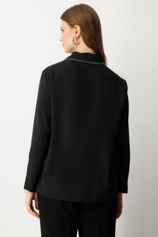 Ekol Fermuarlı Taş İşlemeli Bluz Siyah