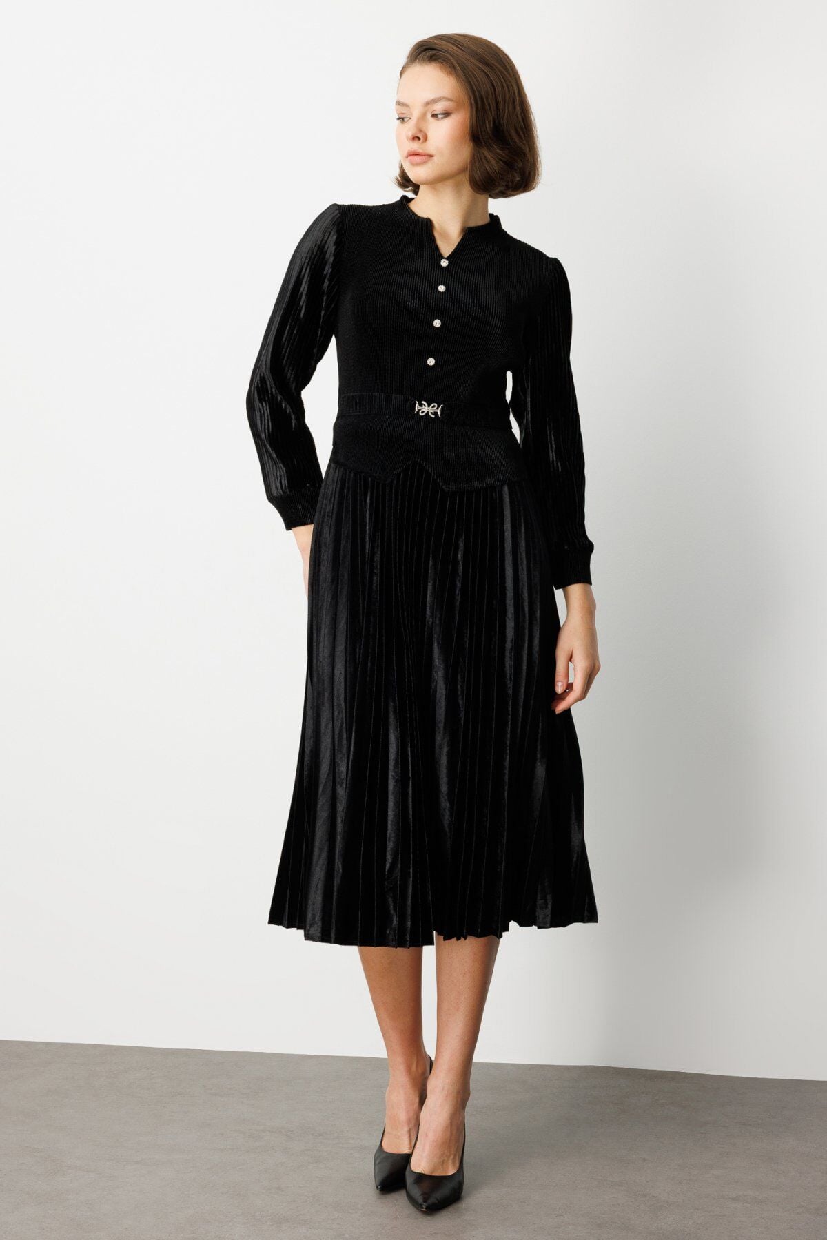 Ekol Beli Kemer Detaylı Kadife Elbise Siyah