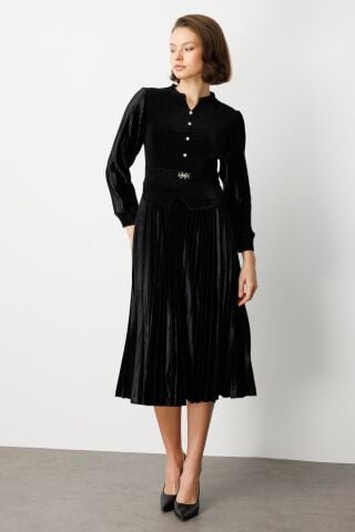 Ekol Beli Kemer Detaylı Kadife Elbise Siyah