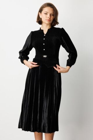 Ekol Beli Kemer Detaylı Kadife Elbise Siyah