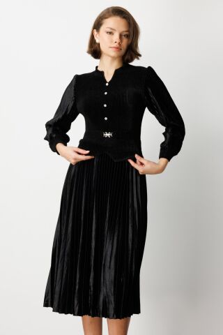 Ekol Beli Kemer Detaylı Kadife Elbise Siyah