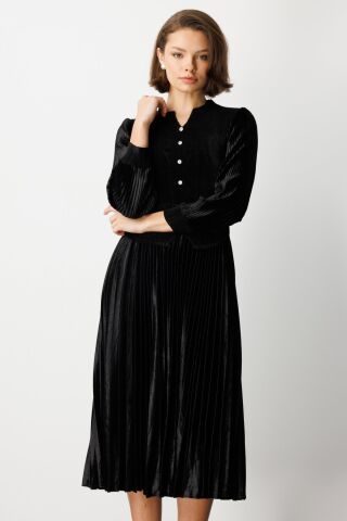 Ekol Beli Kemer Detaylı Kadife Elbise Siyah