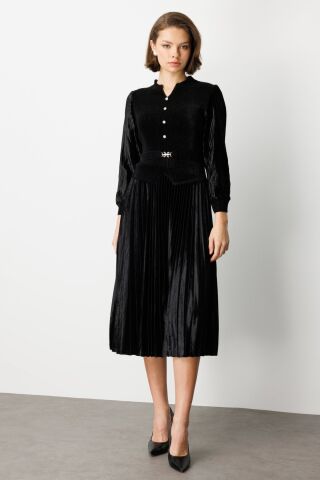 Ekol Beli Kemer Detaylı Kadife Elbise Siyah