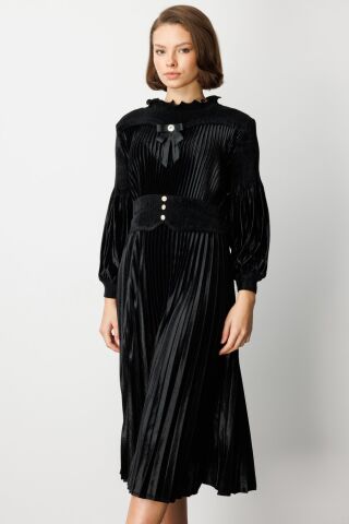 Ekol Kurdele Detaylı Piliseli Maxi Elbise Siyah