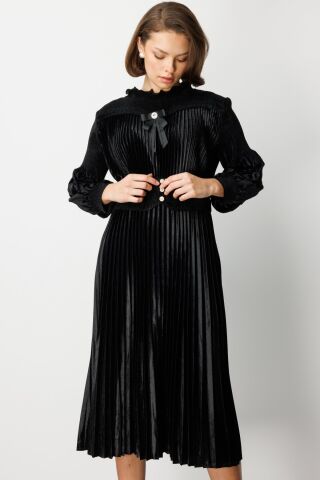 Ekol Kurdele Detaylı Piliseli Maxi Elbise Siyah