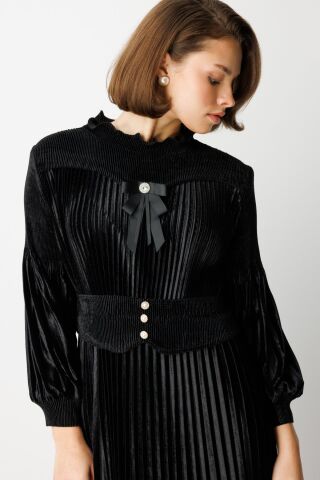 Ekol Kurdele Detaylı Piliseli Maxi Elbise Siyah