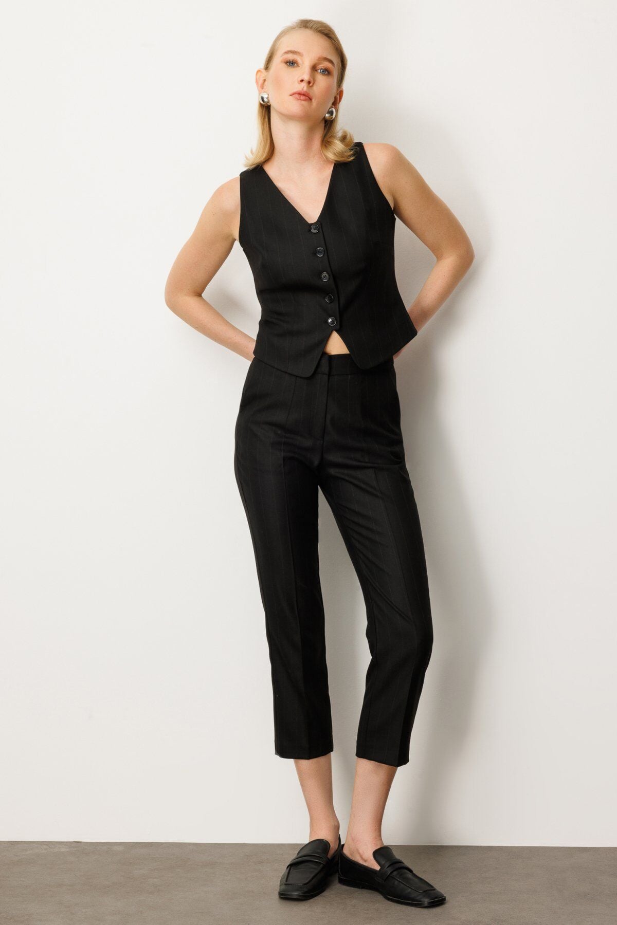 Ekol Düz Kesim Çizgili Pantolon Siyah