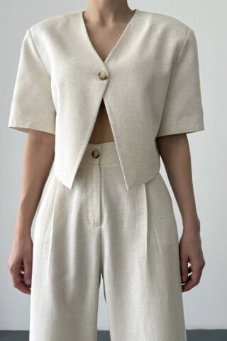 Quzu Tek Düğmeli Kısa Kol Keten Ceket Naturel