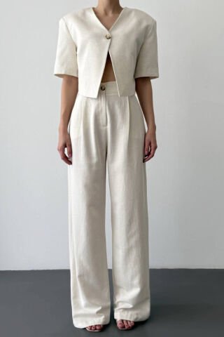 Quzu Tek Düğmeli Kısa Kol Keten Ceket Naturel