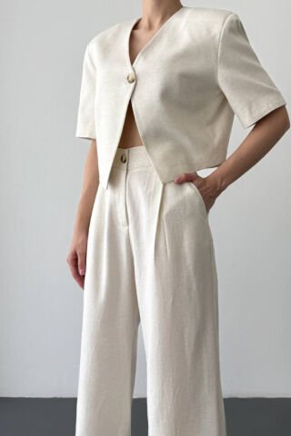 Quzu Tek Düğmeli Kısa Kol Keten Ceket Naturel