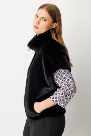 Ekol Dik Yaka Peluş Yelek Siyah