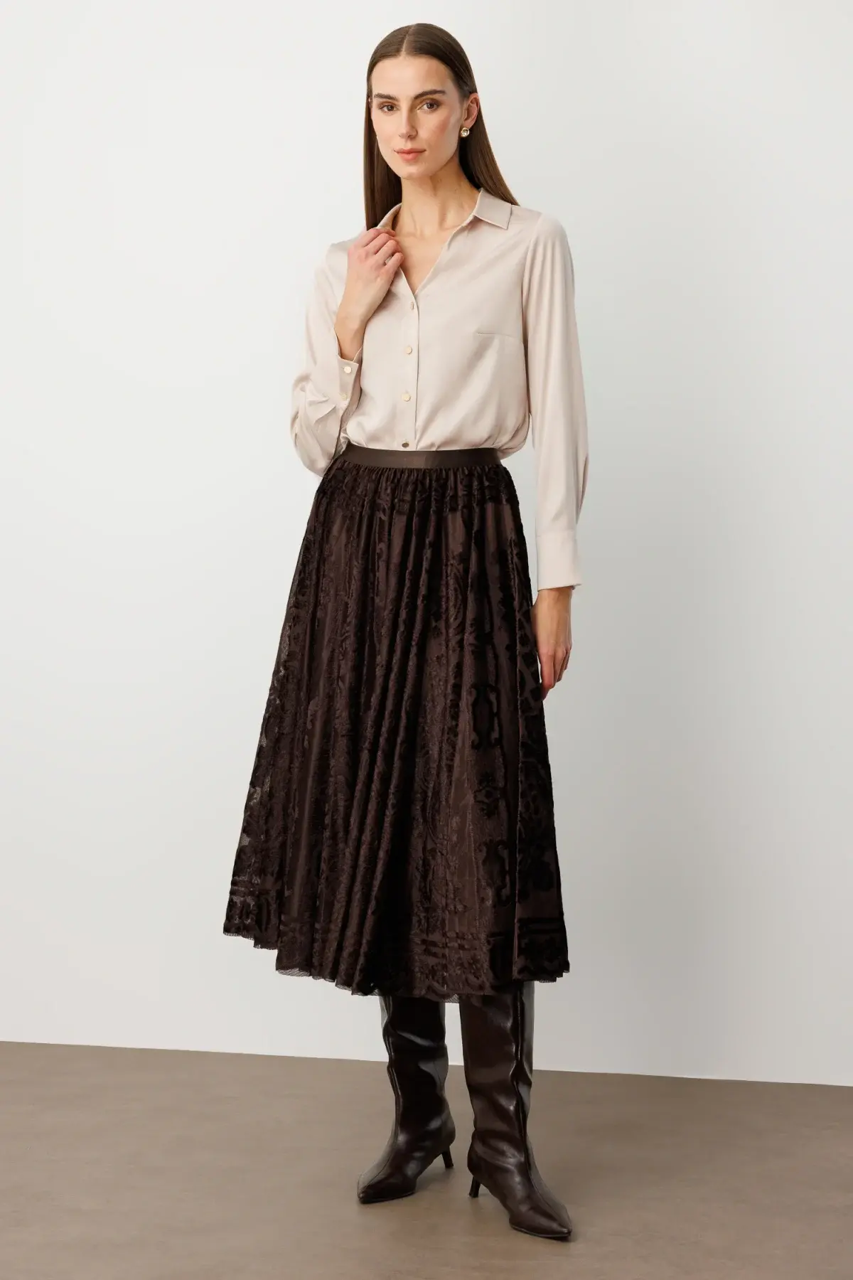 Ekol Kadife Geçişli Maxi Etek Kahverengi